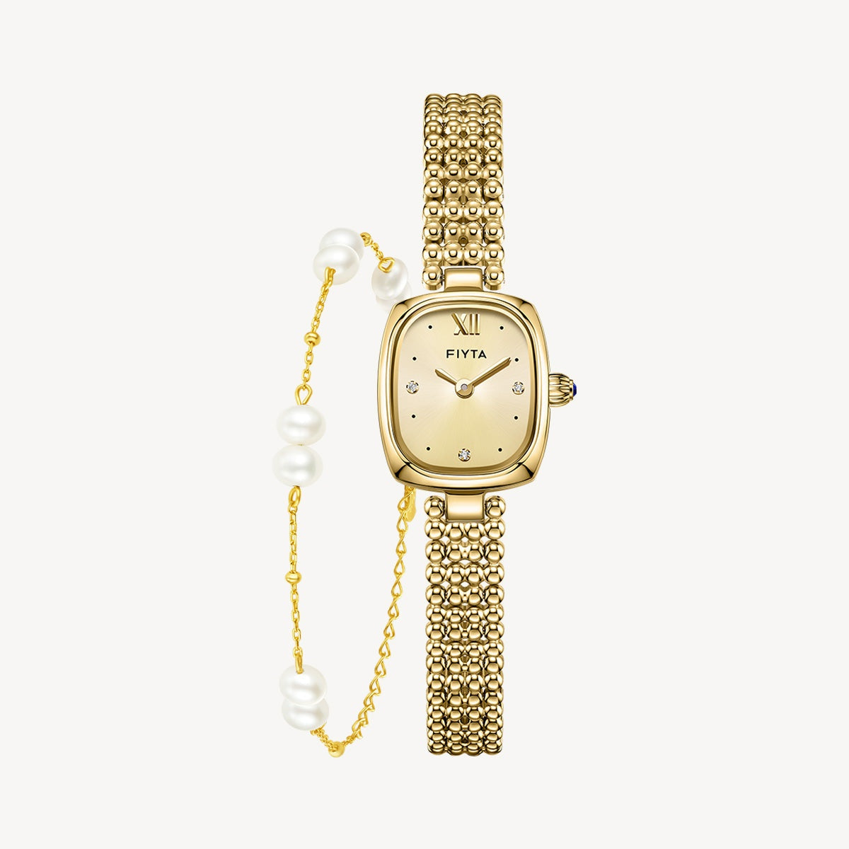 Gold Watches with Zircon Dial & Pearl Bracelet Gift Set - FIYTA display picture 1