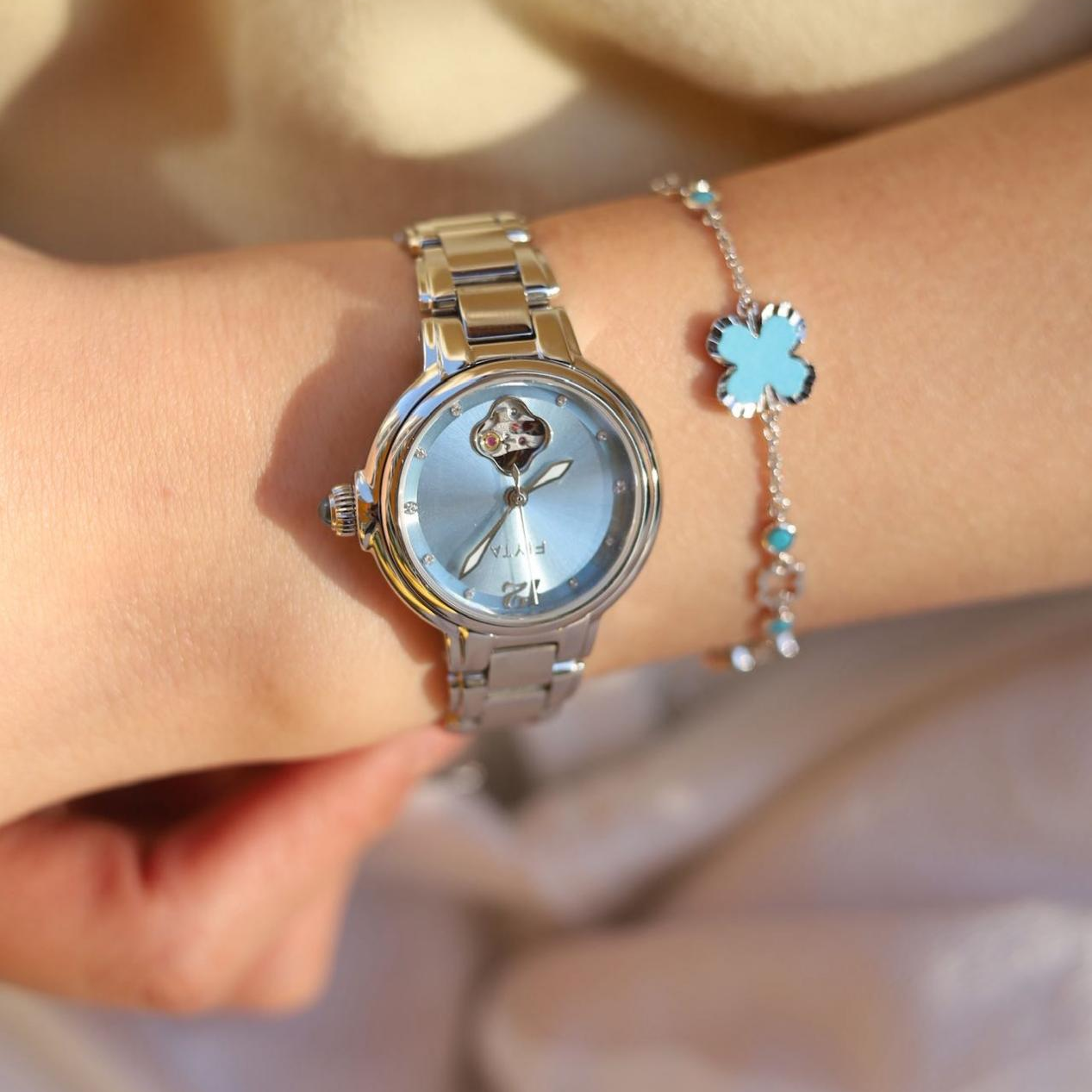 Enchanting Collection Women's Mechanical Watch & Turquoise Clover Bracelet Gift Set