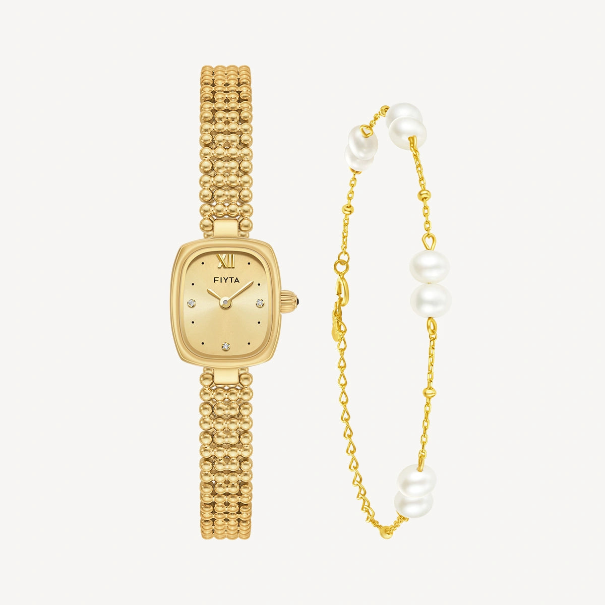 Gold Watches with Zircon Dial & Pearl Bracelet Gift Set