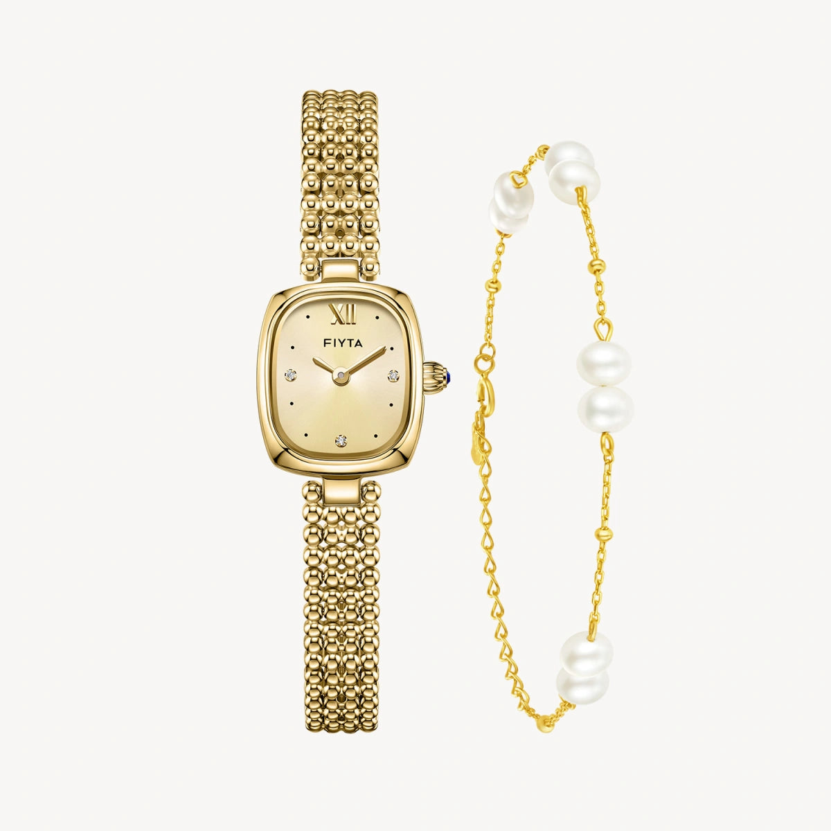 Gold Watches with Zircon Dial & Pearl Bracelet Gift Set