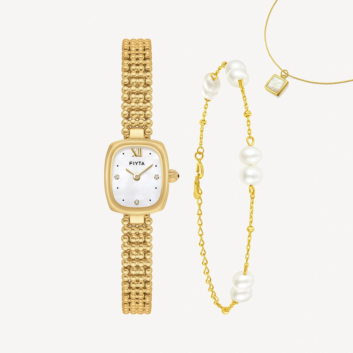 Gold Watch Mother-of-Pearl & Necklace & Pearl Bracelet Gift Set