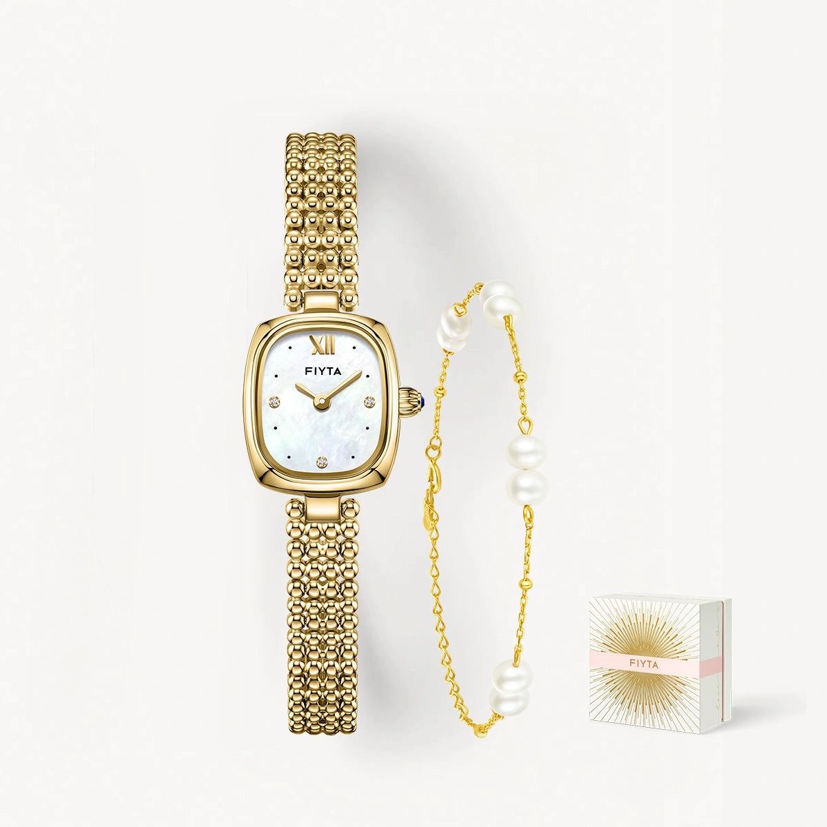 Gold Watch Mother-of-Pearl & Pearl Bracelet Gift Set