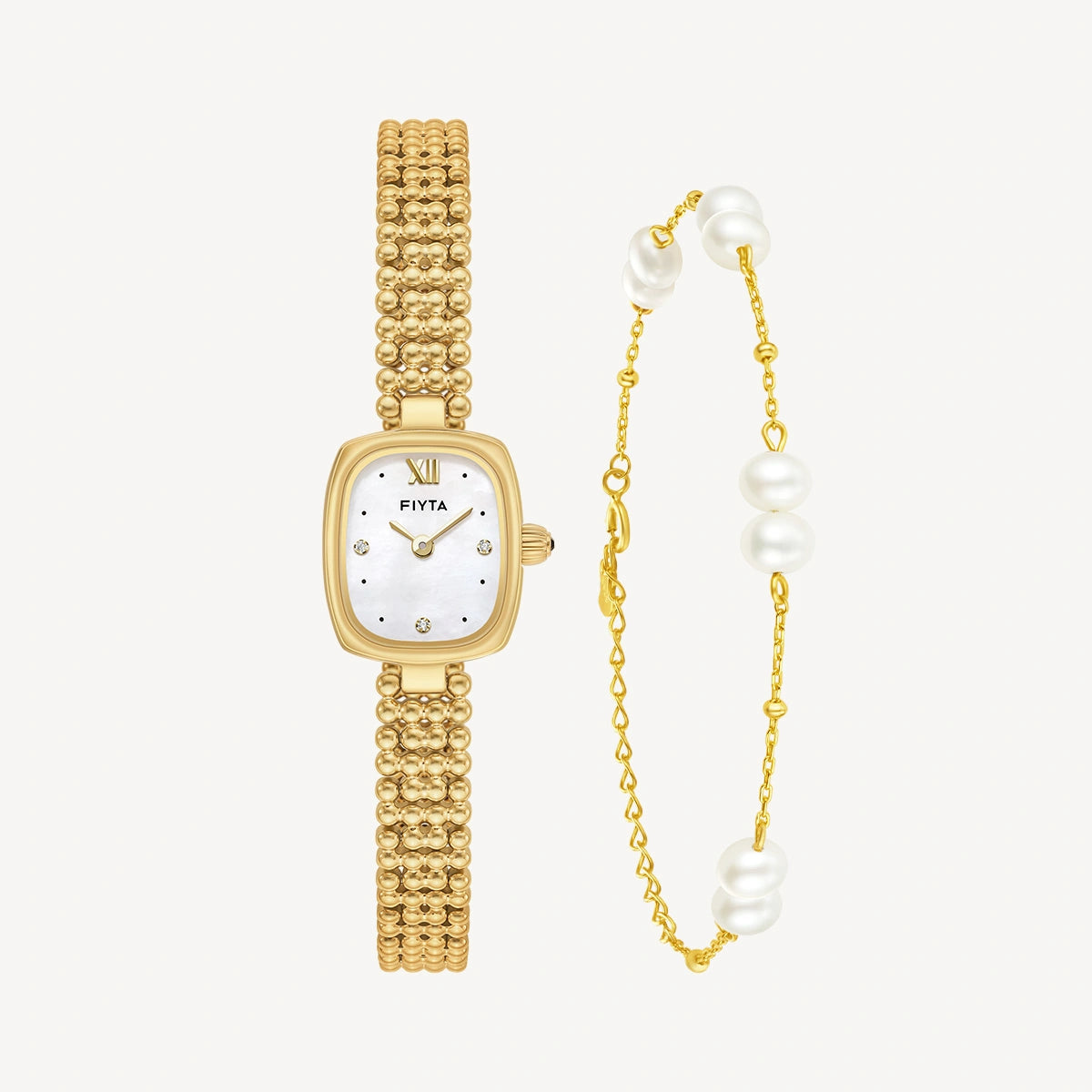 Gold Watch Mother-of-Pearl & Pearl Bracelet Gift Set