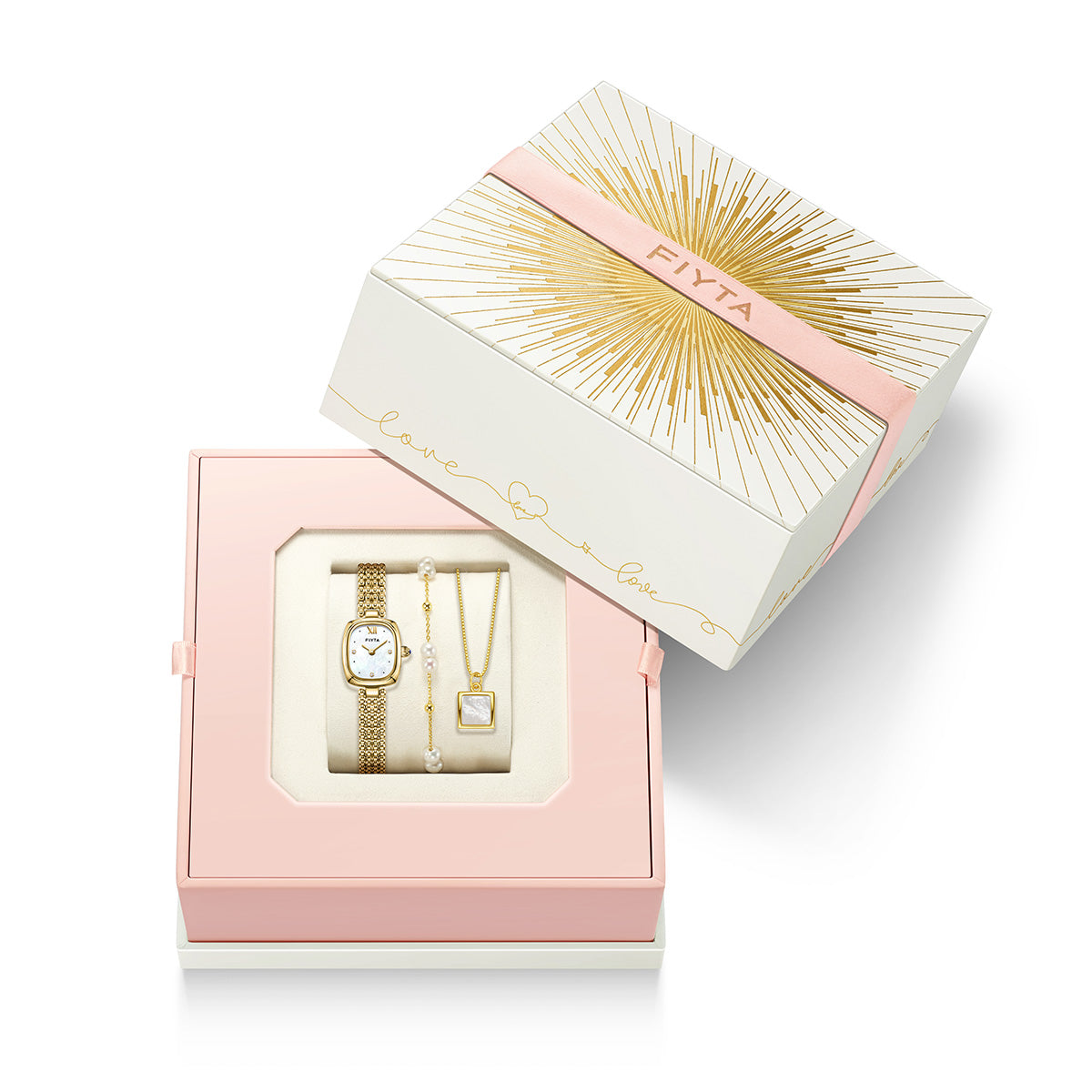 Gold Watch Mother-of-Pearl & Necklace & Pearl Bracelet Gift Set