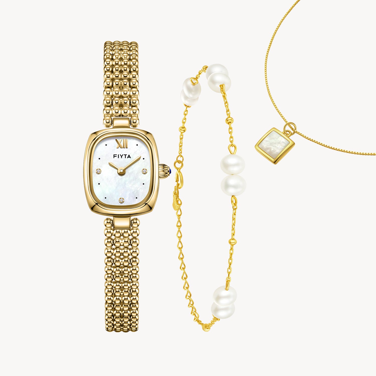 Gold Watch Mother-of-Pearl & Necklace & Pearl Bracelet Gift Set