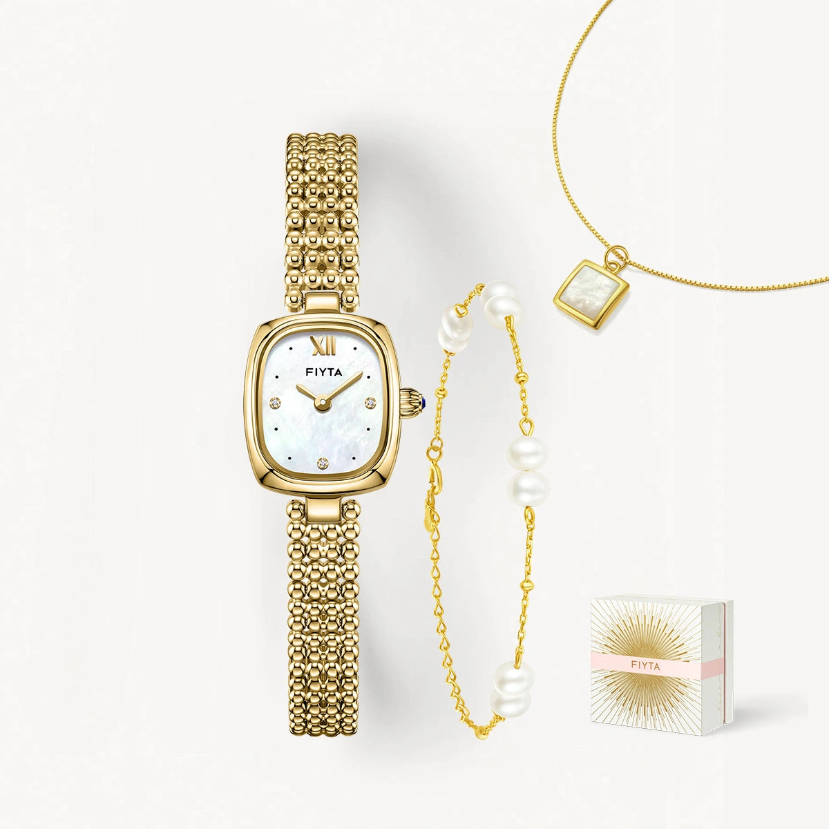 Gold Watch Mother-of-Pearl & Necklace & Pearl Bracelet Gift Set