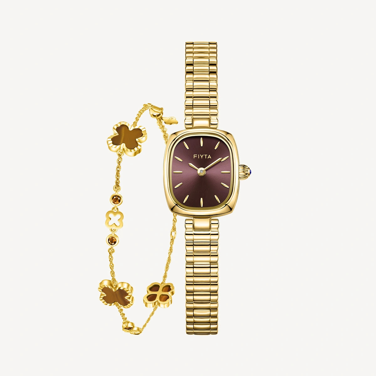 Gold Watch for Women & Tiger’s Eye Clover Bracelet Gift Set