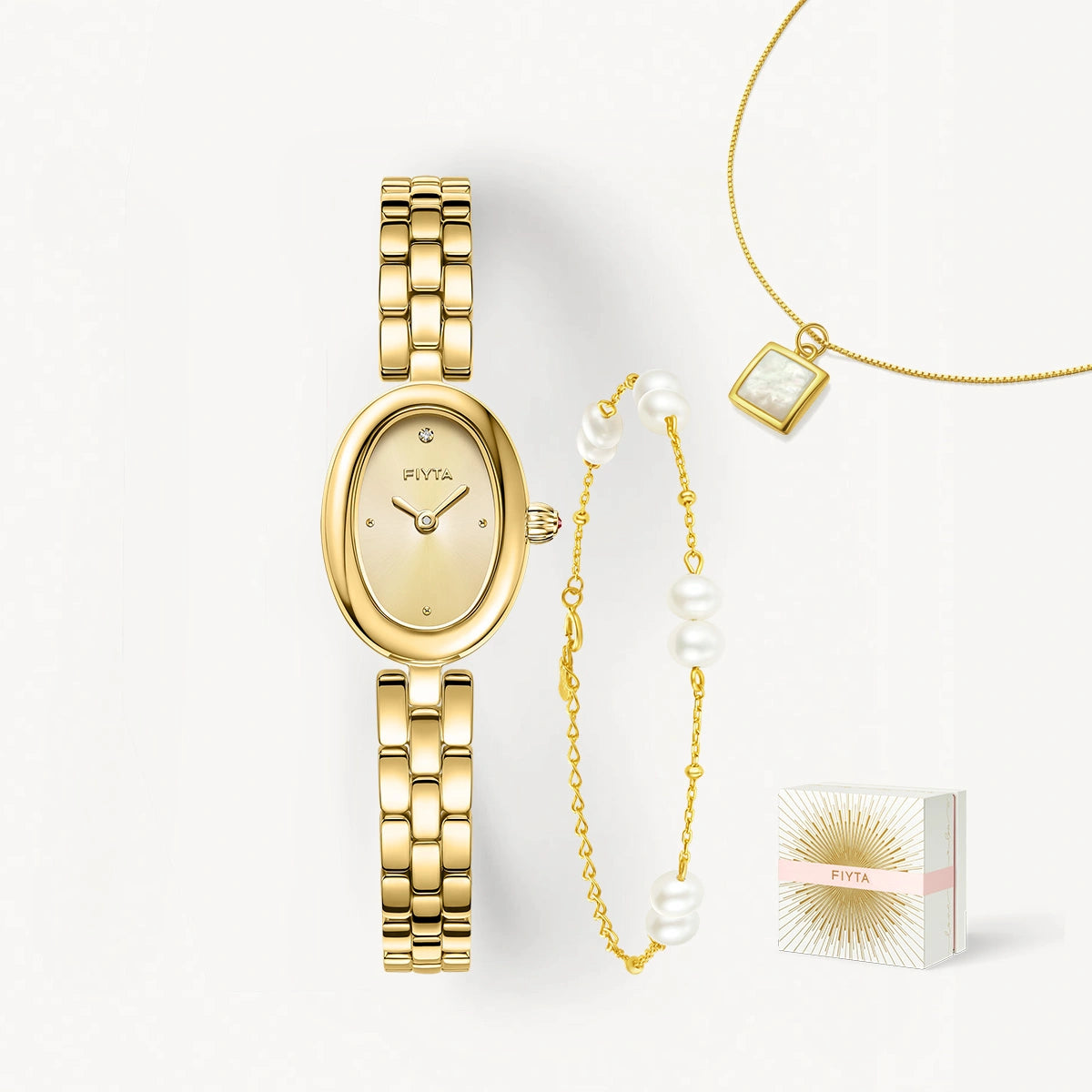 Little Golden Bean Watches & Pearl Bracelet & Mother-of-Pearl Necklace Gift Set