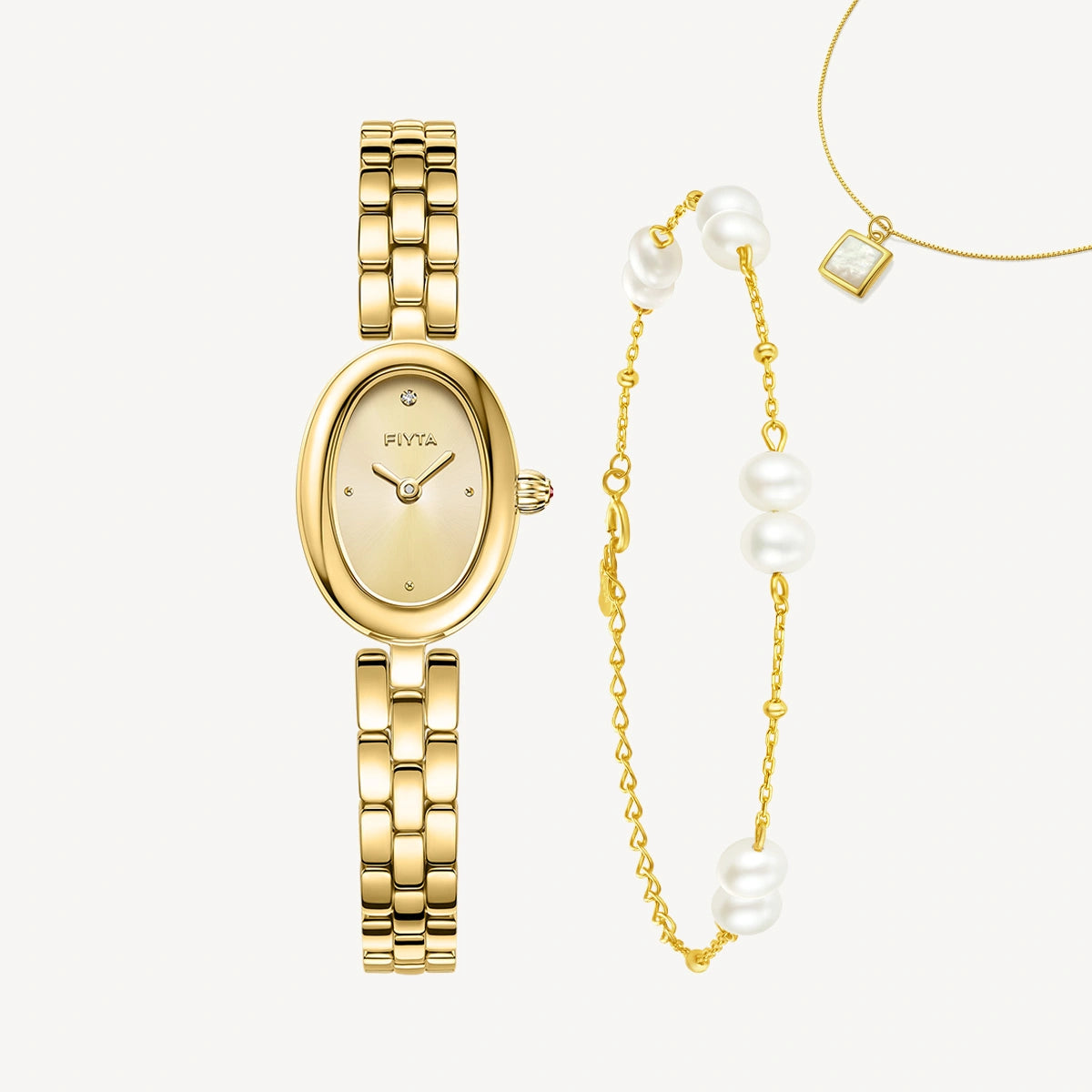 Little Golden Bean Watches & Pearl Bracelet & Mother-of-Pearl Necklace Gift Set