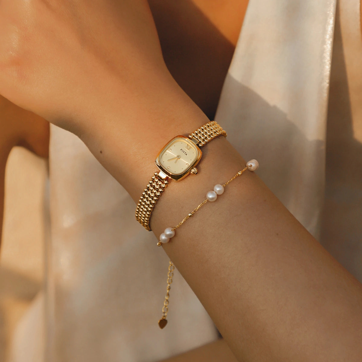 Gold Watches with Zircon Dial & Pearl Bracelet Gift Set