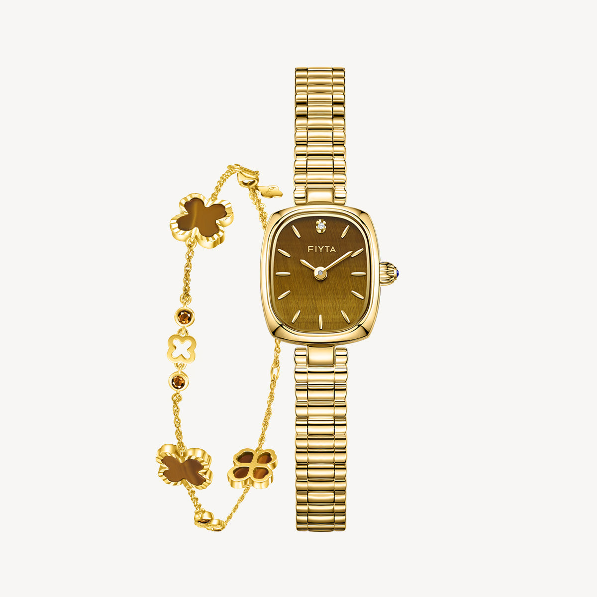 Gold Watch for Women & Tiger’s Eye Clover Bracelet Gift Set