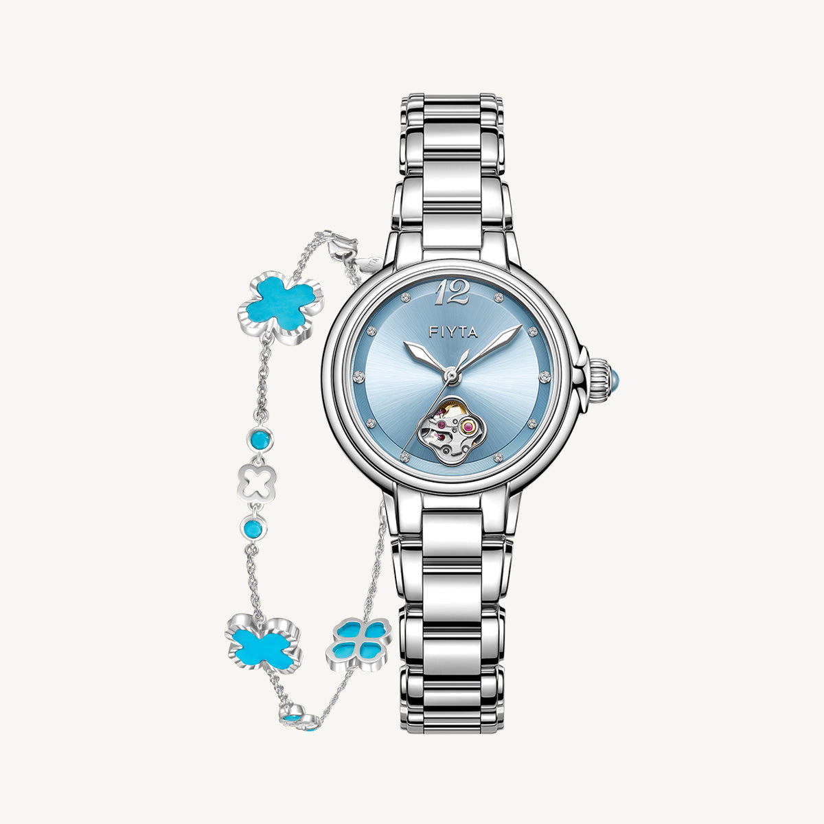 Enchanting Collection Women's Mechanical Watch & Turquoise Clover Bracelet Gift Set