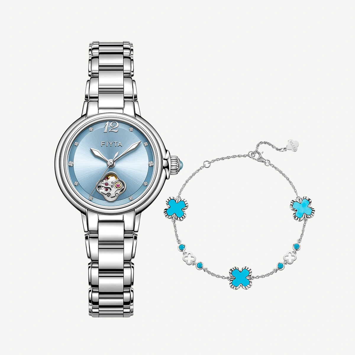 Enchanting Collection Women's Mechanical Watch & Turquoise Clover Bracelet Gift Set