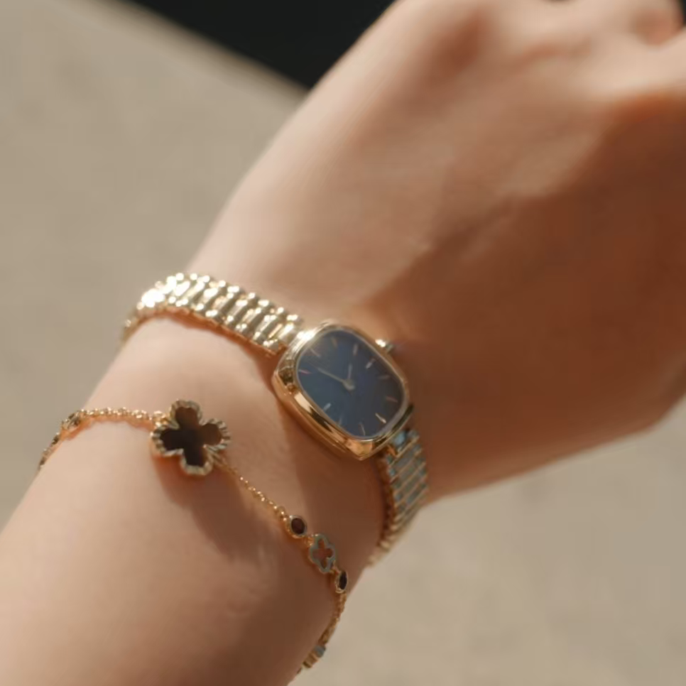 Gold Watch for Women & Tiger’s Eye Clover Bracelet Gift Set